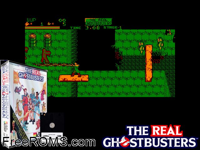 Real Ghostbusters, The (UK) (1987) (Disk 1 of 2) Amstrad CPC game showing 3D box cover and gameplay screenshot