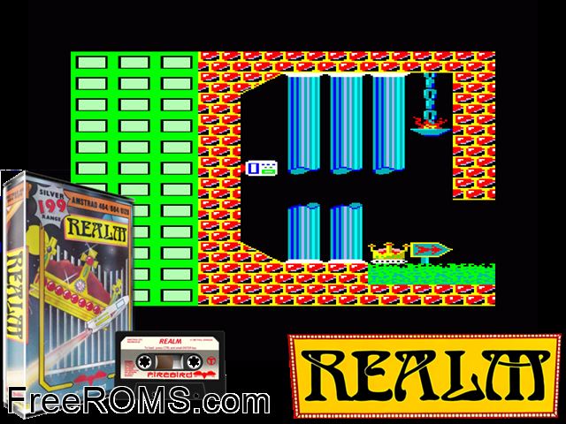 Realm (UK) (19xx) Amstrad CPC game showing 3D box cover and gameplay screenshot