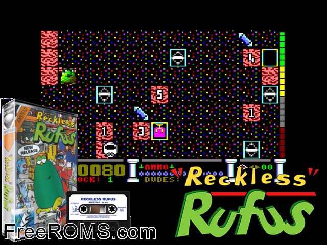 Reckless Rufus (UK) (1992) Amstrad CPC game showing 3D box cover and gameplay screenshot