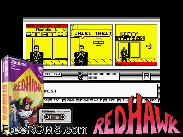 Red Hawk (UK) (1986) Amstrad CPC game showing 3D box cover and gameplay screenshot
