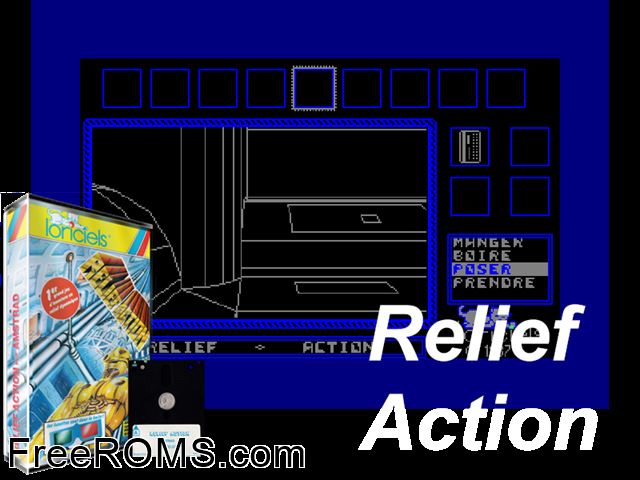Relief Action (F) (1987) Amstrad CPC game showing 3D box cover and gameplay screenshot