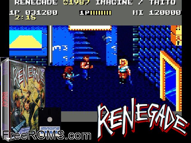 Renegade (UK) (1987) Amstrad CPC game showing 3D box cover and gameplay screenshot