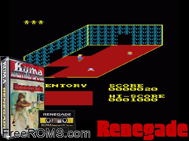 Renegade - Kuma (UK) (1985) Amstrad CPC game showing 3D box cover and gameplay screenshot
