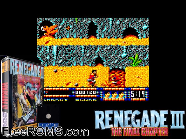 Renegade 3 - The Final Chapter (UK) (1989) Amstrad CPC game showing 3D box cover and gameplay screenshot
