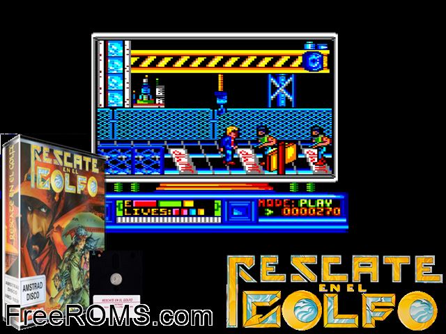 Rescate En El Golfo (UK) (1990) Amstrad CPC game showing 3D box cover and gameplay screenshot