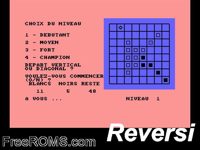 Reversi (F) (1985) Amstrad CPC game showing 3D box cover and gameplay screenshot
