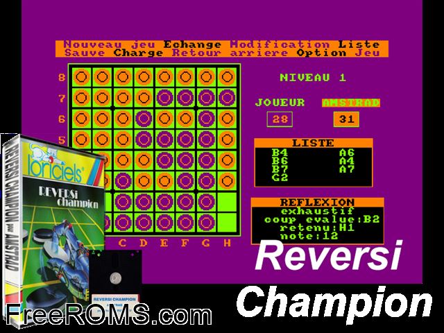 Reversi Champion (F) (1986) Amstrad CPC game showing 3D box cover and gameplay screenshot