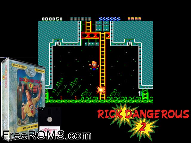 Rick Dangerous 2 (UK) (1990) Amstrad CPC game showing 3D box cover and gameplay screenshot