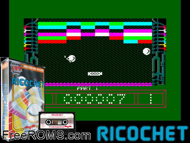 Ricochet 2 (UK) (1987) Amstrad CPC game showing 3D box cover and gameplay screenshot