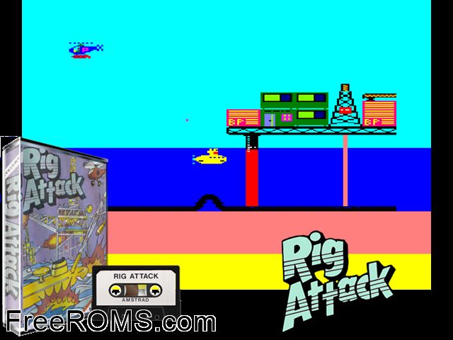 Rig Attack (UK) (1985) Amstrad CPC game showing 3D box cover and gameplay screenshot