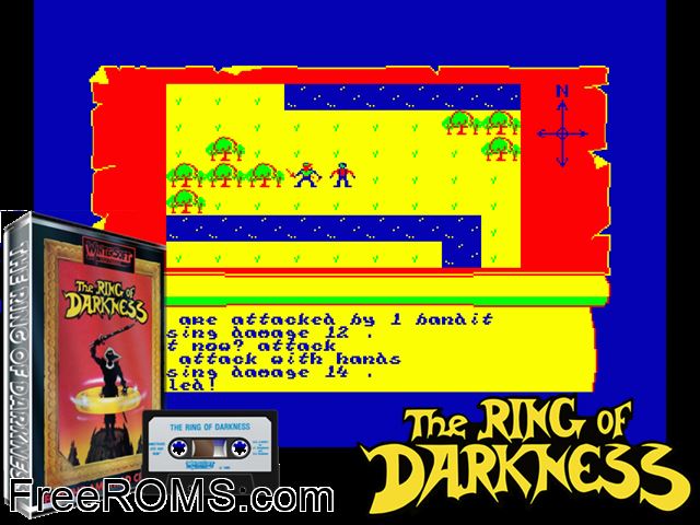Ring of Darkness, The (UK) (1985) Amstrad CPC game showing 3D box cover and gameplay screenshot