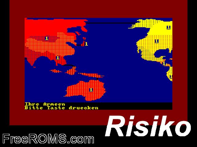 Risk (G) (19xx) Amstrad CPC game showing 3D box cover and gameplay screenshot