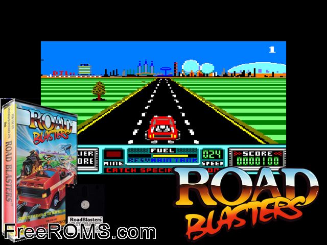 Road Blasters (UK) (1988) (Disk 2 of 2) Amstrad CPC game showing 3D box cover and gameplay screenshot