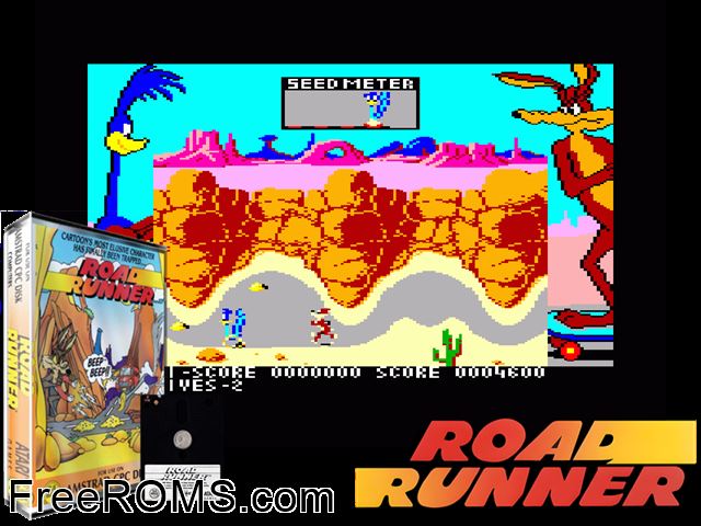 Road Runner (UK) (1987) Amstrad CPC game showing 3D box cover and gameplay screenshot