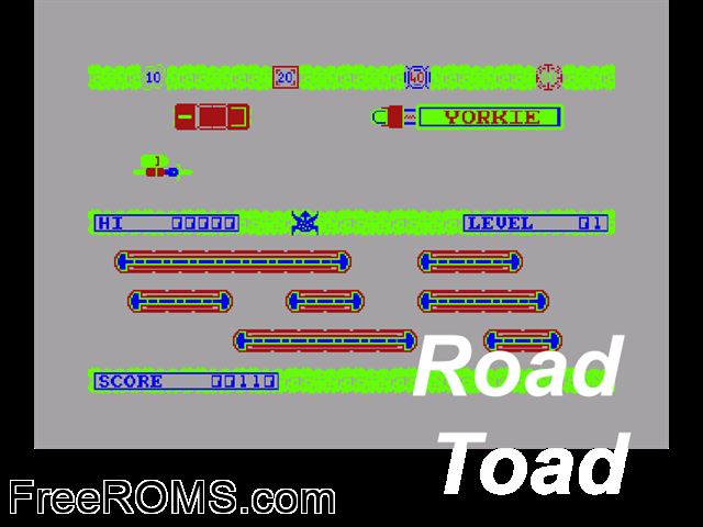 Road Toad (UK) (1986) Amstrad CPC game showing 3D box cover and gameplay screenshot