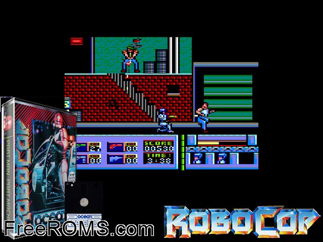 RoboCop (UK) (1987) Amstrad CPC game showing 3D box cover and gameplay screenshot