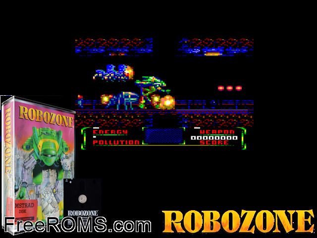 Robozone (UK) (1991) Amstrad CPC game showing 3D box cover and gameplay screenshot