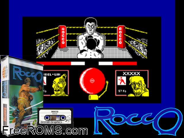 Rocco (UK) (1985) Amstrad CPC game showing 3D box cover and gameplay screenshot