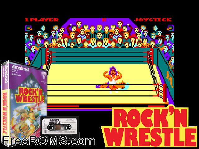 Rock and Wrestle (UK) (1985) Amstrad CPC game showing 3D box cover and gameplay screenshot