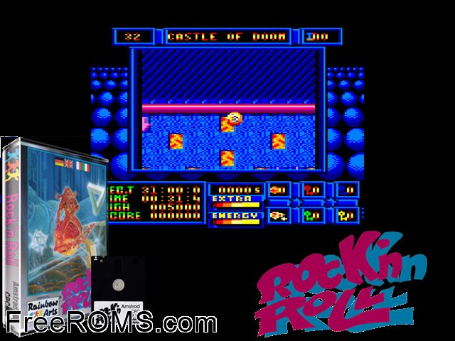 Rock 'n' Roll (UK) (1989) (Disk 1 of 2) Amstrad CPC game showing 3D box cover and gameplay screenshot