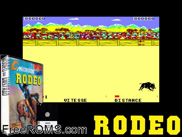 Rodeo (F) (1986) Amstrad CPC game showing 3D box cover and gameplay screenshot
