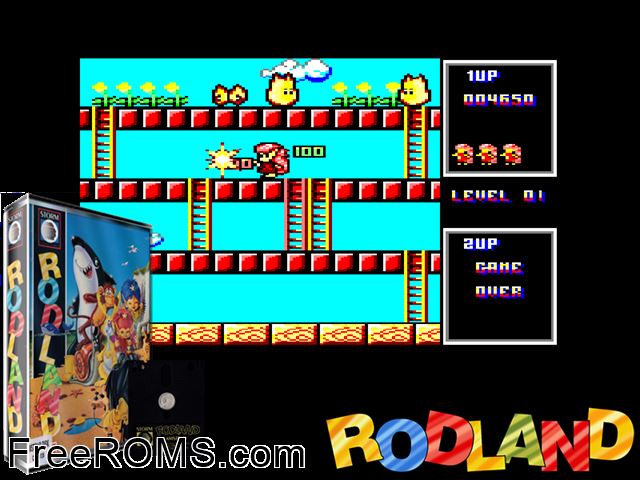 Rod Land (UK) (1991) Amstrad CPC game showing 3D box cover and gameplay screenshot