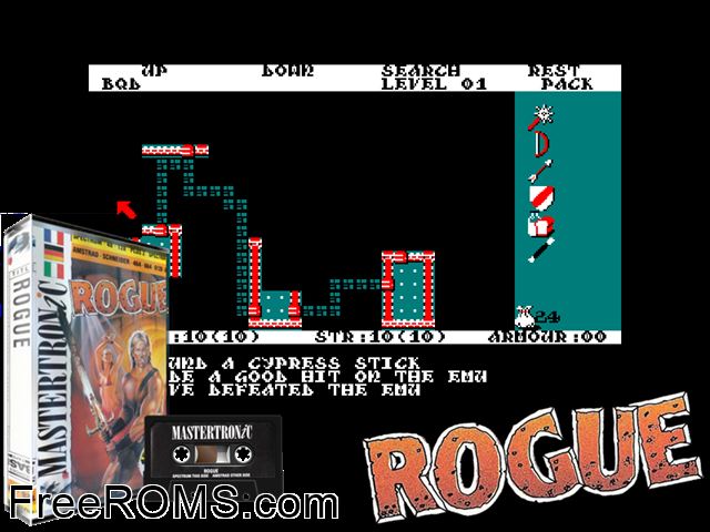 Rogue (UK) (1987) Amstrad CPC game showing 3D box cover and gameplay screenshot