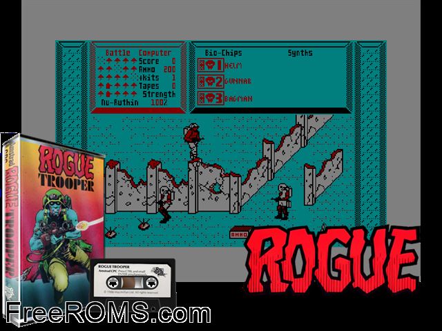 Rogue Trooper (UK) (1986) Amstrad CPC game showing 3D box cover and gameplay screenshot