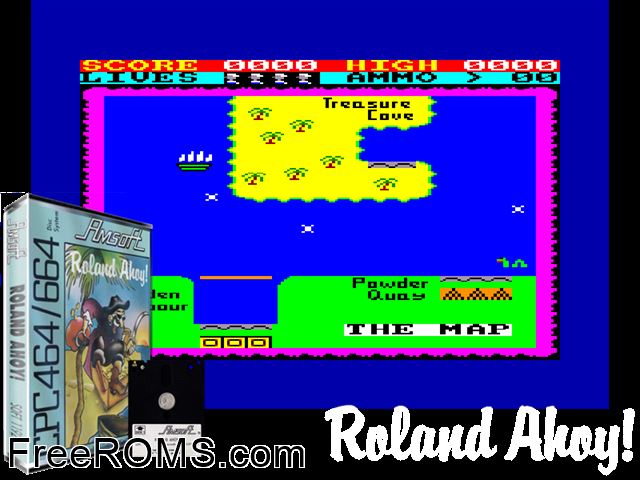 Roland Ahoy! (UK) (1984) Amstrad CPC game showing 3D box cover and gameplay screenshot