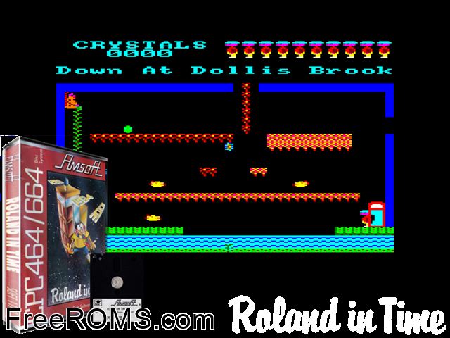 Roland in Time (UK) (1984) Amstrad CPC game showing 3D box cover and gameplay screenshot