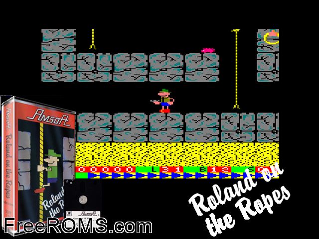 Roland on the Ropes (UK) (1985) Amstrad CPC game showing 3D box cover and gameplay screenshot