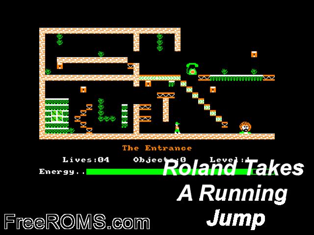Roland Takes A Running Jump (UK) (1984) Amstrad CPC game showing 3D box cover and gameplay screenshot