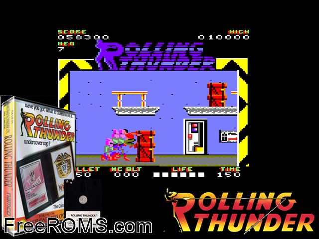 Rolling Thunder (UK) (1988) Amstrad CPC game showing 3D box cover and gameplay screenshot