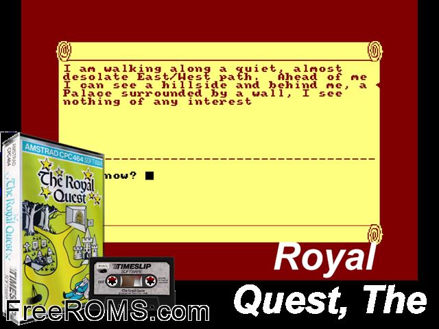 Royal Quest (UK) (1984) Amstrad CPC game showing 3D box cover and gameplay screenshot