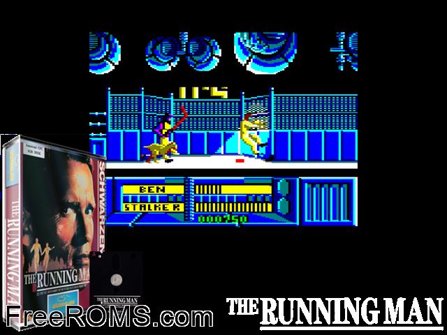 Running Man, The (UK) (1989) (Disk 1 of 2) Amstrad CPC game showing 3D box cover and gameplay screenshot