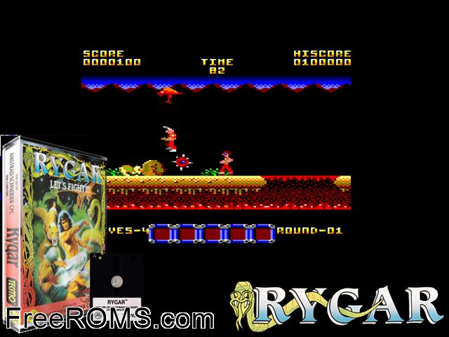 Rygar (UK) (1987) Amstrad CPC game showing 3D box cover and gameplay screenshot