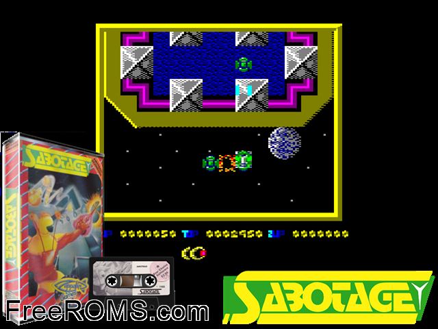 Sabotage (UK) (1988) Amstrad CPC game showing 3D box cover and gameplay screenshot