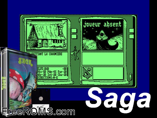 Saga (F) (1990) (Disk 1 of 2) Amstrad CPC game showing 3D box cover and gameplay screenshot