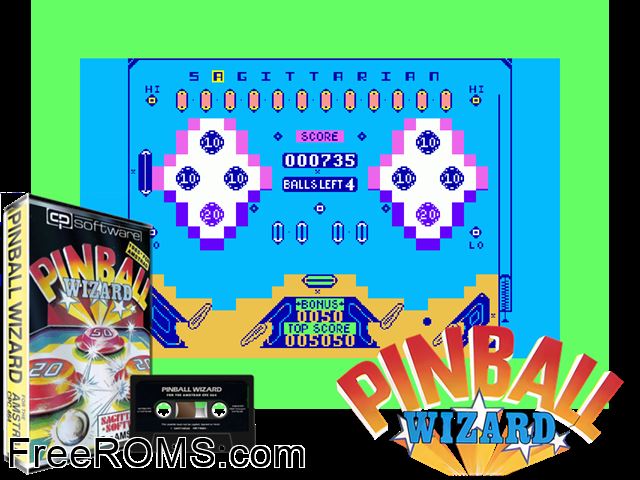 Sagitarian Pinball (UK) (19xx) Amstrad CPC game showing 3D box cover and gameplay screenshot