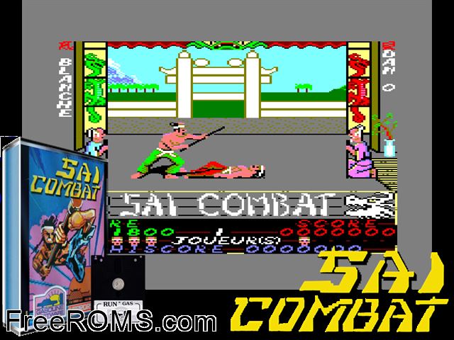Sai Combat (F) (1986) Amstrad CPC game showing 3D box cover and gameplay screenshot