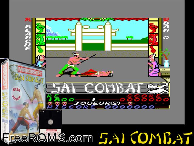 Sai Combat (G) (1986) Amstrad CPC game showing 3D box cover and gameplay screenshot