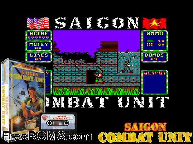 Saigon Combat Unit (UK) (1990) Amstrad CPC game showing 3D box cover and gameplay screenshot