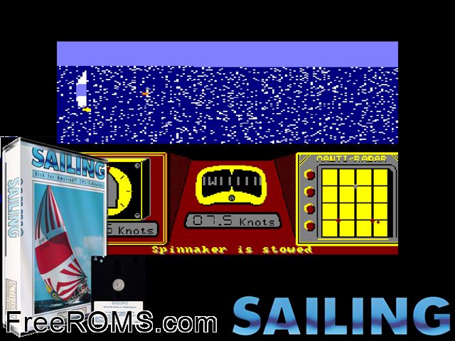 Sailing (UK) (1987) Amstrad CPC game showing 3D box cover and gameplay screenshot