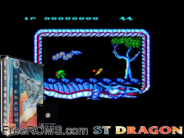 Saint Dragon (UK) (1990) Amstrad CPC game showing 3D box cover and gameplay screenshot