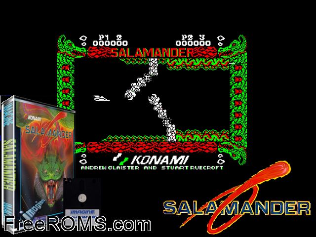 Salamander - Nemesis 2 (UK) (1988) Amstrad CPC game showing 3D box cover and gameplay screenshot