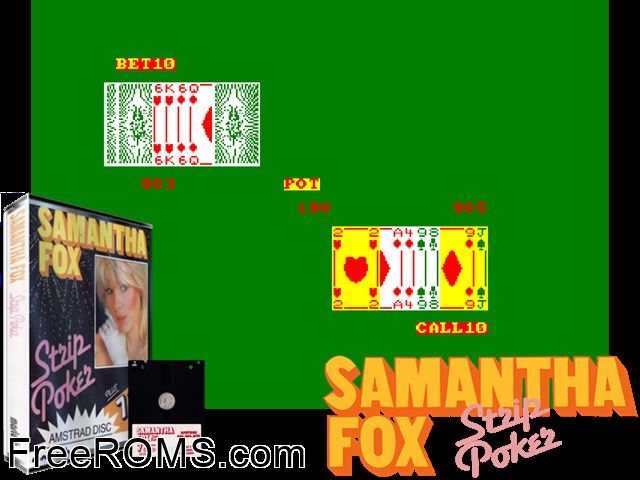 Samantha Fox Strip Poker (UK) (1986) Amstrad CPC game showing 3D box cover and gameplay screenshot