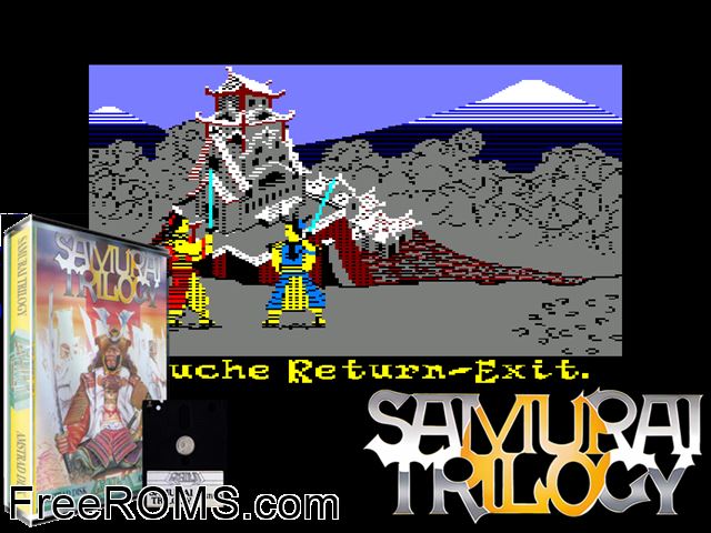 Samurai Trilogy (UK,F,G,S) (1986) (Disk 2 of 2) Amstrad CPC game showing 3D box cover and gameplay screenshot