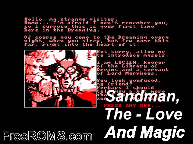 Sandman - Love and Magic, The (UK) (1995) (Disk 1 of 4) [T-German] Amstrad CPC game showing 3D box cover and gameplay screenshot