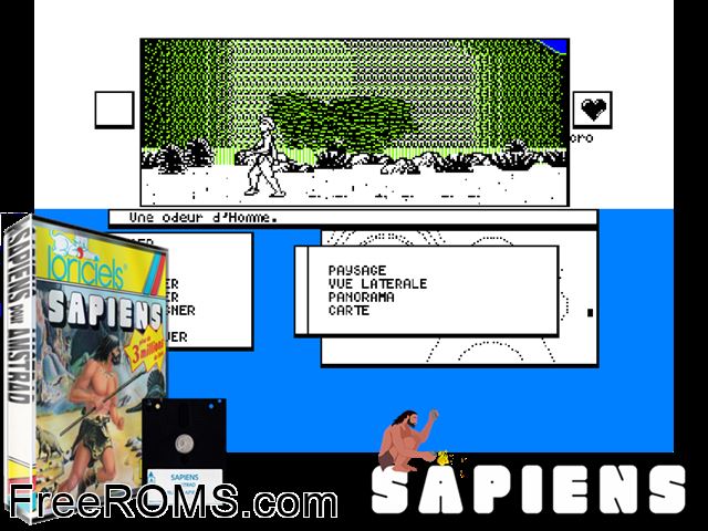 Sapiens (F) (1986) Amstrad CPC game showing 3D box cover and gameplay screenshot