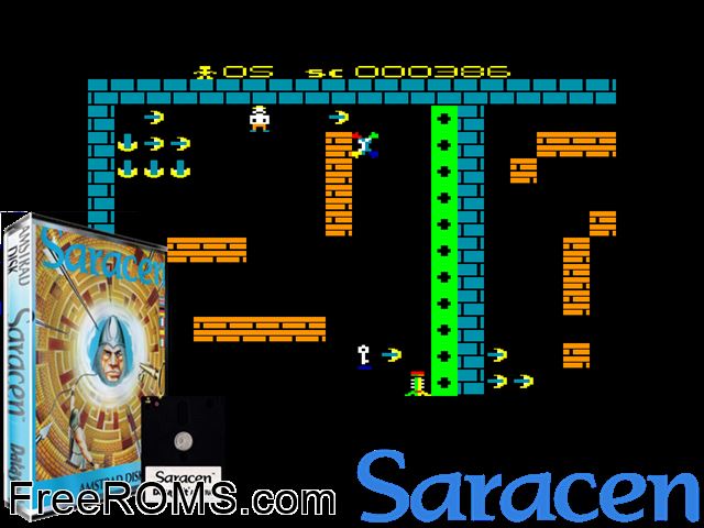 Saracen (UK) (1987) Amstrad CPC game showing 3D box cover and gameplay screenshot